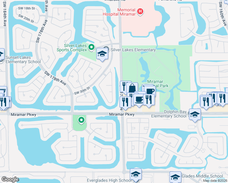 map of restaurants, bars, coffee shops, grocery stores, and more near 17351 Southwest 32nd Court in Miramar