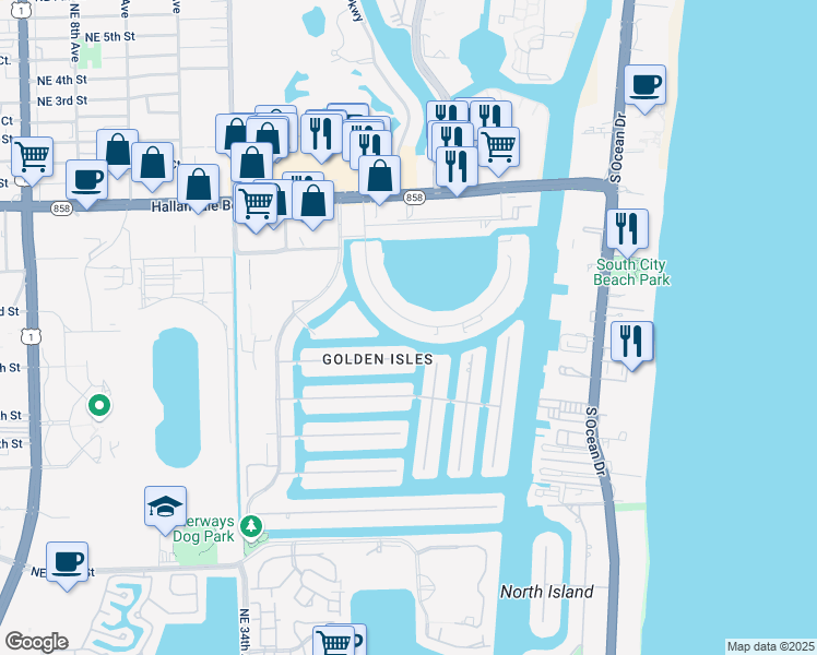 map of restaurants, bars, coffee shops, grocery stores, and more near 357 Golden Isles Drive in Hallandale Beach