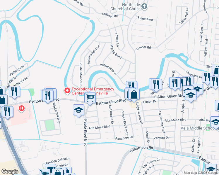 map of restaurants, bars, coffee shops, grocery stores, and more near 5184 Sugar Mill Road in Brownsville