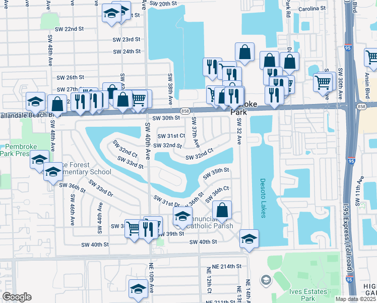 map of restaurants, bars, coffee shops, grocery stores, and more near 3730 Southwest 32nd Street in West Park