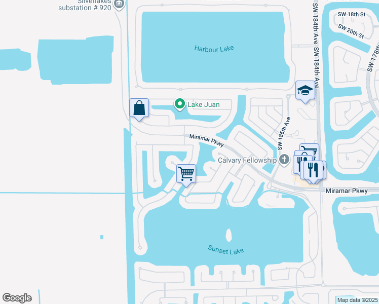 map of restaurants, bars, coffee shops, grocery stores, and more near 3010 Southwest 192nd Avenue in Miramar