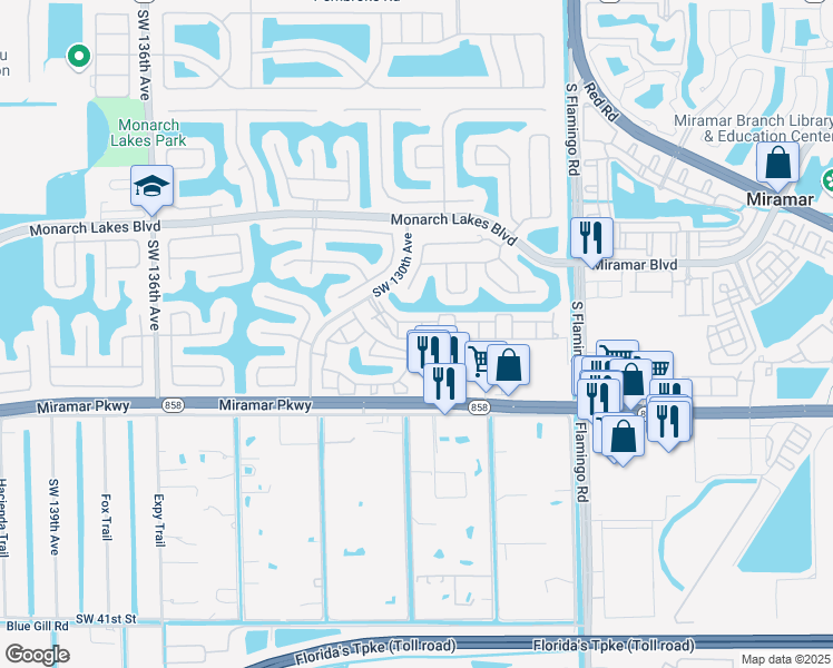 map of restaurants, bars, coffee shops, grocery stores, and more near 12933 Southwest 29th Street in Miramar