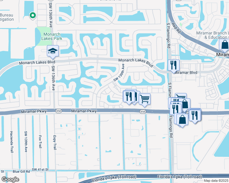 map of restaurants, bars, coffee shops, grocery stores, and more near 12911 Southwest 30th Street in Miramar