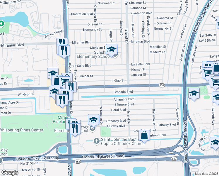 map of restaurants, bars, coffee shops, grocery stores, and more near 7782 Florida 858 in Miramar
