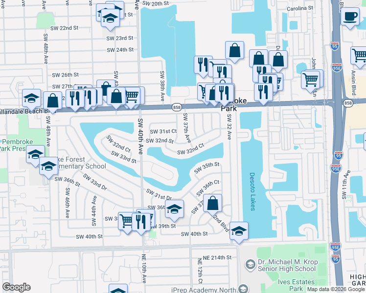 map of restaurants, bars, coffee shops, grocery stores, and more near 3730 Southwest 32nd Street in West Park