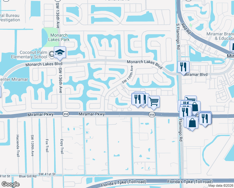 map of restaurants, bars, coffee shops, grocery stores, and more near 12990 Southwest 30th Court in Miramar