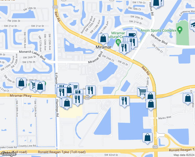 map of restaurants, bars, coffee shops, grocery stores, and more near 2901 Southwest 119th Way in Miramar
