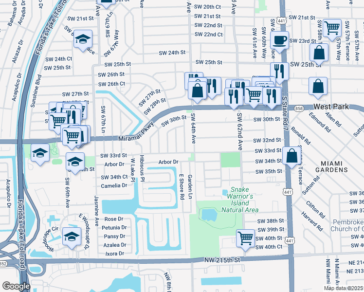 map of restaurants, bars, coffee shops, grocery stores, and more near 3240 Southwest 64th Terrace in Miramar