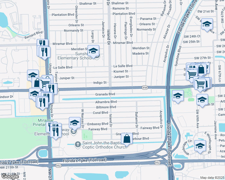 map of restaurants, bars, coffee shops, grocery stores, and more near 3101 Island Drive in Miramar