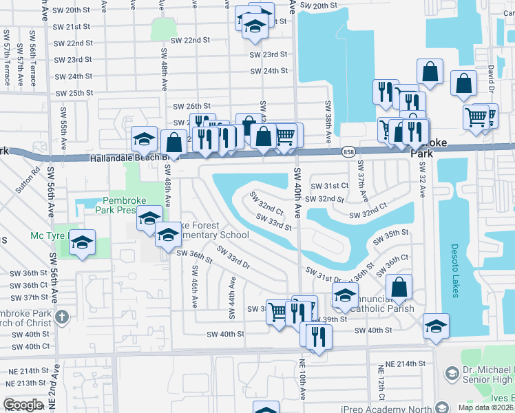 map of restaurants, bars, coffee shops, grocery stores, and more near 4230 Southwest 32nd Court in West Park