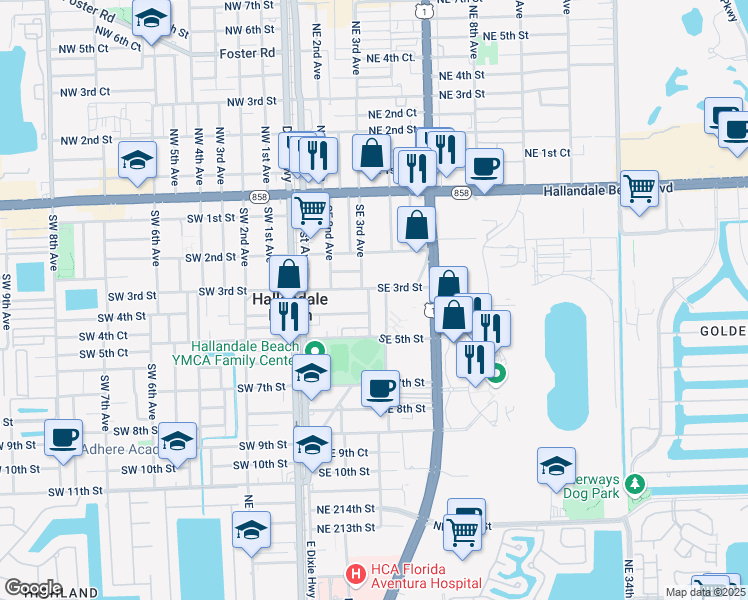 map of restaurants, bars, coffee shops, grocery stores, and more near 309 Southeast 3rd Avenue in Hallandale Beach