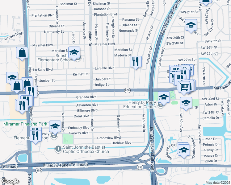map of restaurants, bars, coffee shops, grocery stores, and more near 7570 Miramar Parkway in Miramar