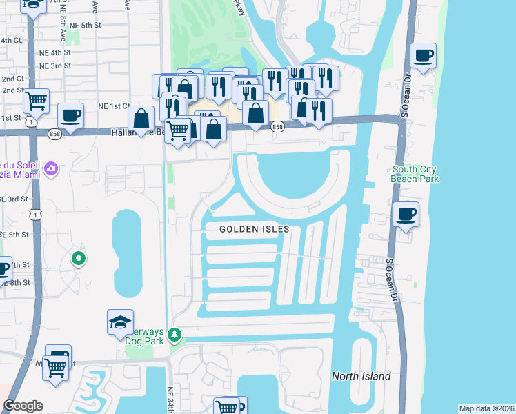 map of restaurants, bars, coffee shops, grocery stores, and more near 419 Golden Isles Drive in Hallandale Beach