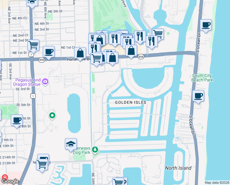 map of restaurants, bars, coffee shops, grocery stores, and more near 343 Layne Boulevard in Hallandale Beach