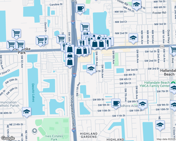 map of restaurants, bars, coffee shops, grocery stores, and more near 1043 Southwest 3rd Street in Hallandale Beach