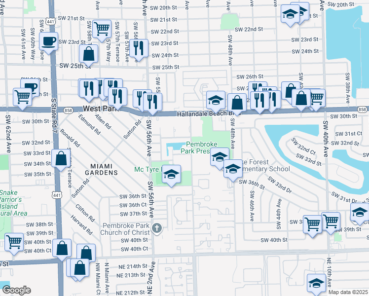 map of restaurants, bars, coffee shops, grocery stores, and more near 5351 Southwest 33rd Street in Pembroke Park