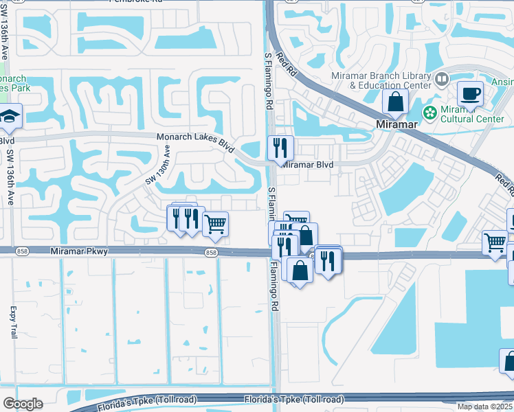map of restaurants, bars, coffee shops, grocery stores, and more near 2891 Southwest 126th Avenue in Miramar