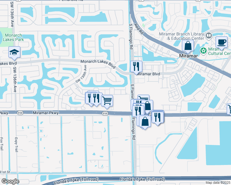 map of restaurants, bars, coffee shops, grocery stores, and more near 2891 Southwest 126th Avenue in Miramar