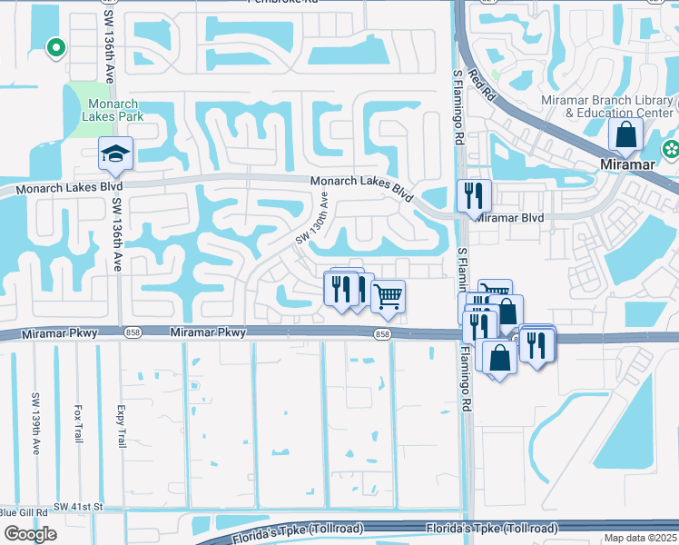 map of restaurants, bars, coffee shops, grocery stores, and more near 12933 Southwest 29th Street in Miramar