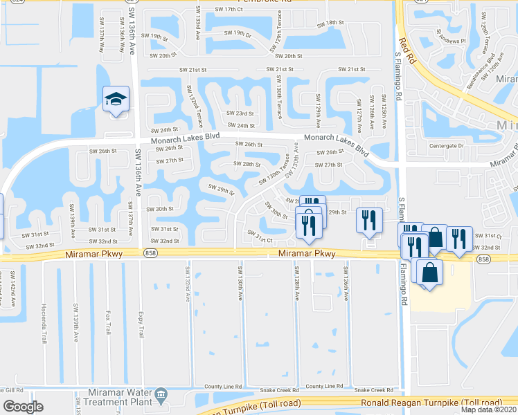 map of restaurants, bars, coffee shops, grocery stores, and more near 12990 Southwest 30th Court in Miramar