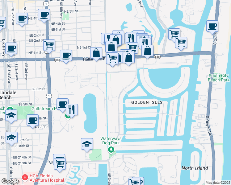 map of restaurants, bars, coffee shops, grocery stores, and more near 580 Egret Drive in Hallandale Beach