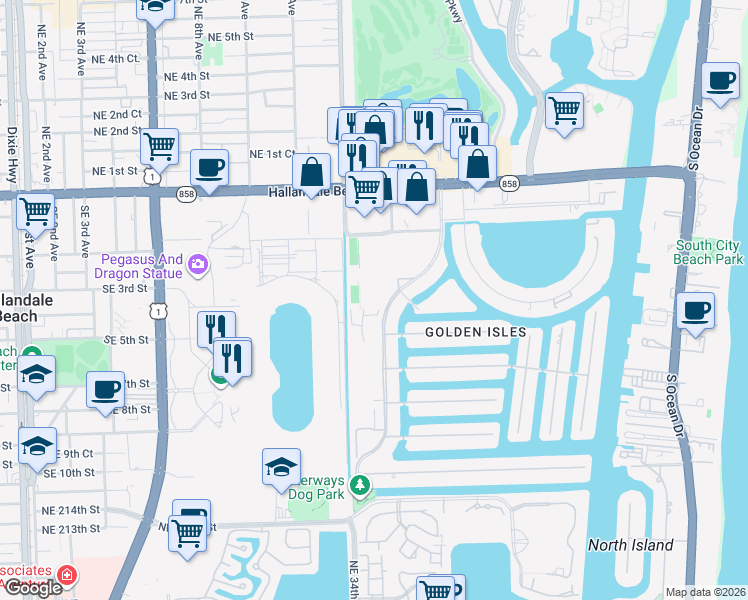 map of restaurants, bars, coffee shops, grocery stores, and more near 580 Egret Drive in Hallandale Beach