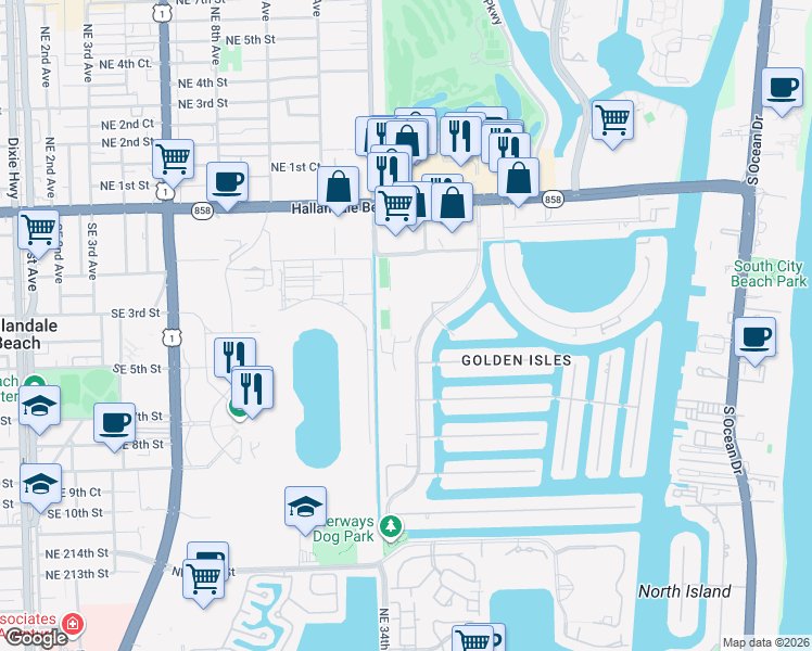 map of restaurants, bars, coffee shops, grocery stores, and more near 580 Egret Drive in Hallandale Beach