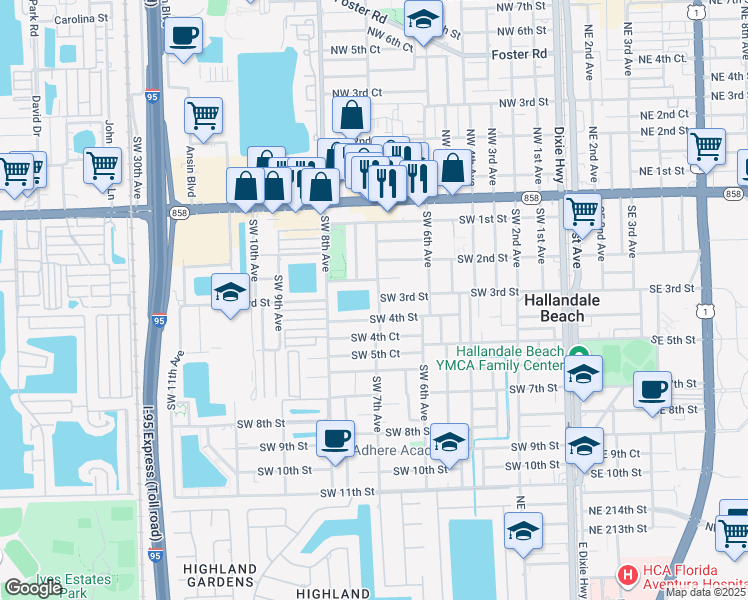 map of restaurants, bars, coffee shops, grocery stores, and more near 232 Southwest 7th Avenue in Hallandale Beach