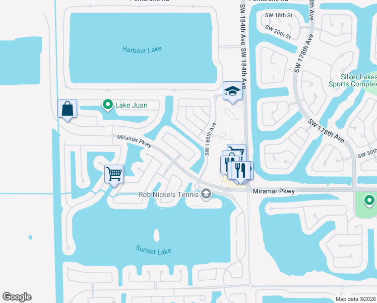 map of restaurants, bars, coffee shops, grocery stores, and more near 18800 Southwest 29th Street in Miramar