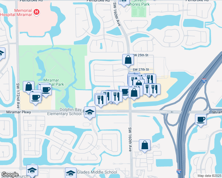 map of restaurants, bars, coffee shops, grocery stores, and more near 16329 Southwest 30th Street in Miramar