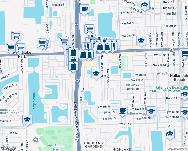 map of restaurants, bars, coffee shops, grocery stores, and more near 1043 Southwest 3rd Street in Hallandale Beach