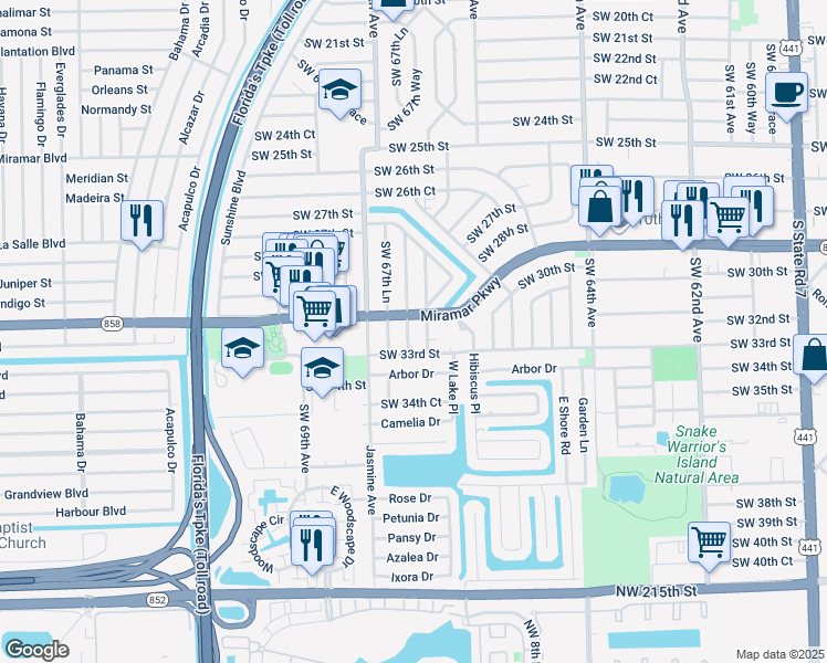 map of restaurants, bars, coffee shops, grocery stores, and more near 3121 Southwest 67th Way in Miramar