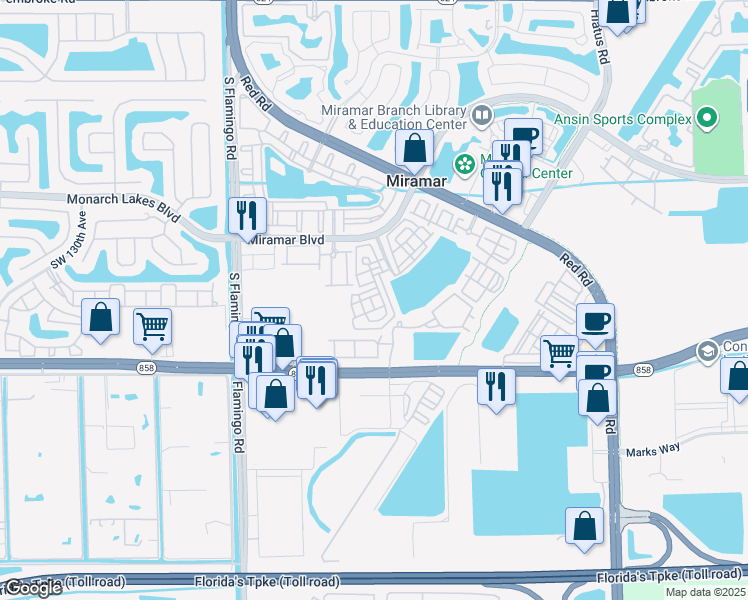 map of restaurants, bars, coffee shops, grocery stores, and more near 2853 Southwest 119th Way in Miramar