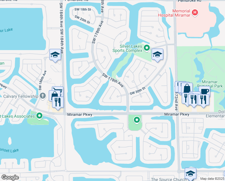 map of restaurants, bars, coffee shops, grocery stores, and more near 17923 Southwest 29th Lane in Miramar
