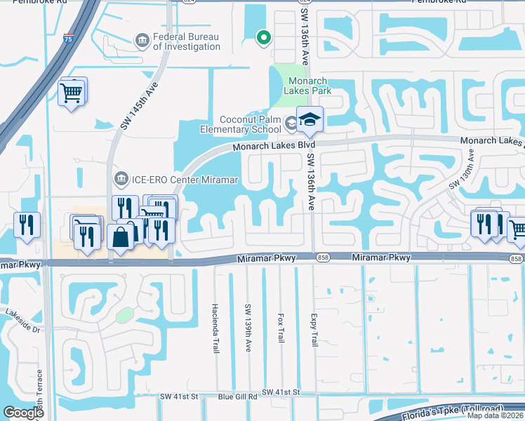 map of restaurants, bars, coffee shops, grocery stores, and more near 2968 Southwest 138th Avenue in Miramar