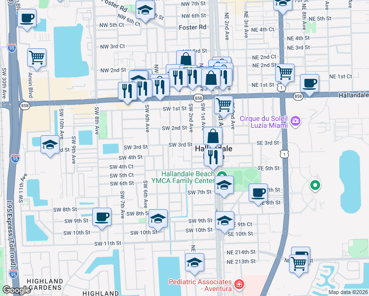 map of restaurants, bars, coffee shops, grocery stores, and more near 211 Southwest 3rd Street in Hallandale Beach