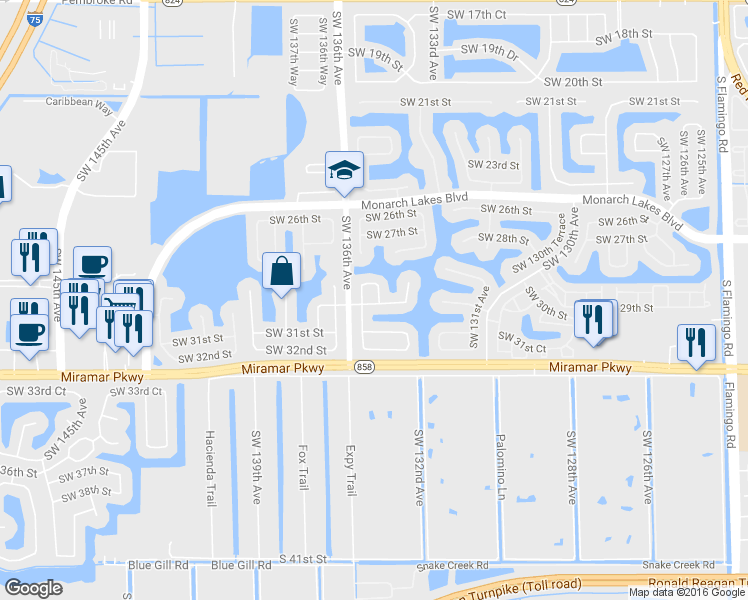 map of restaurants, bars, coffee shops, grocery stores, and more near 2978 Southwest 134th Avenue in Miramar