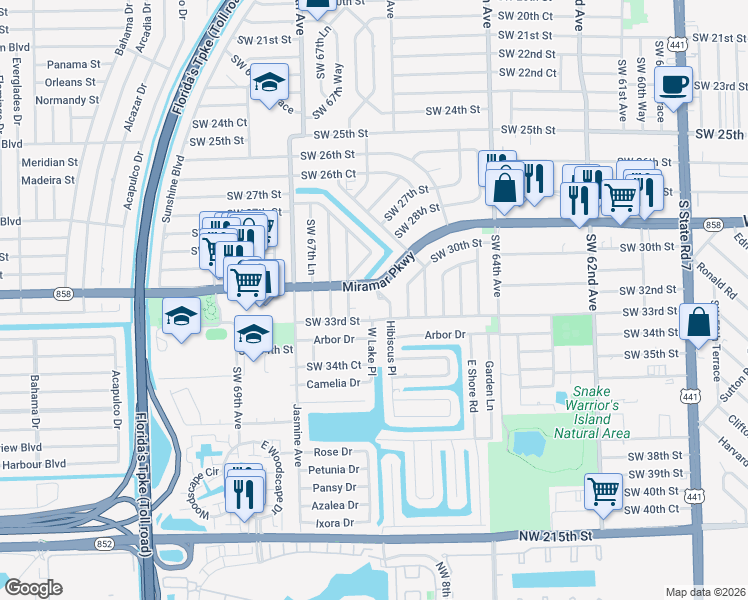 map of restaurants, bars, coffee shops, grocery stores, and more near 6700 Miramar Parkway in Miramar