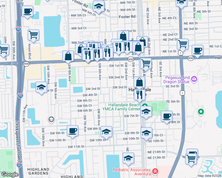 map of restaurants, bars, coffee shops, grocery stores, and more near 301 Southwest 4th Terrace in Hallandale Beach