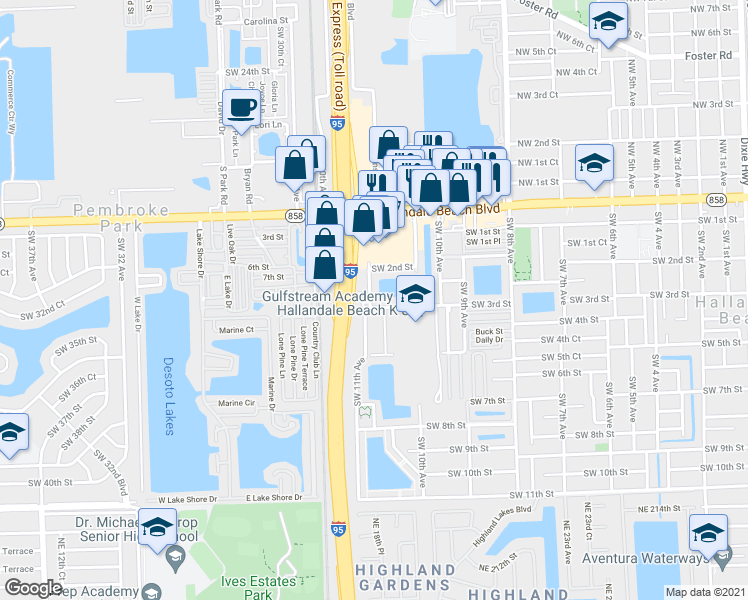 map of restaurants, bars, coffee shops, grocery stores, and more near 265 Southwest 11th Avenue in Hallandale Beach