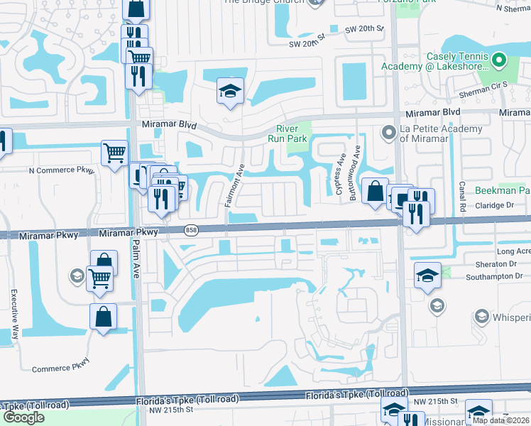 map of restaurants, bars, coffee shops, grocery stores, and more near 3261 Lucerne Way in Miramar