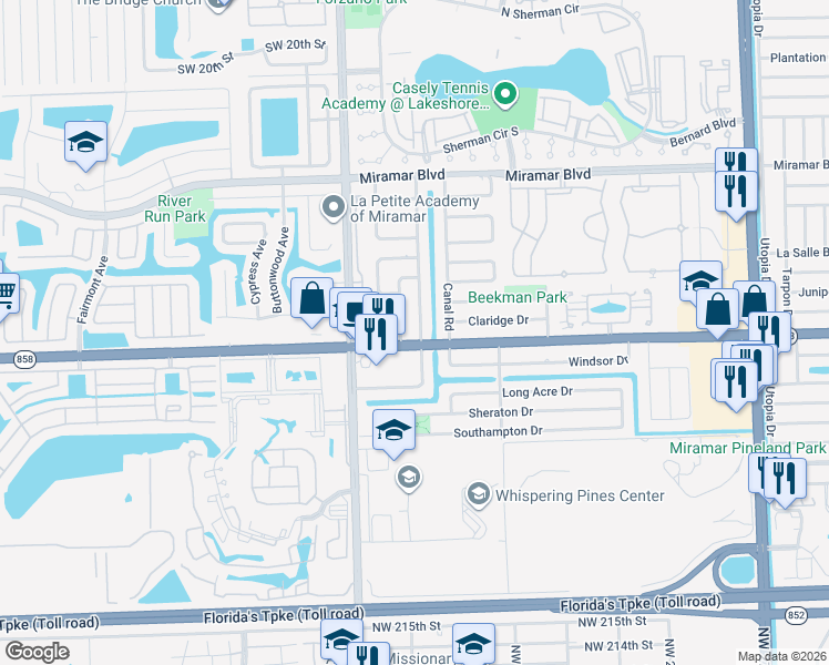 map of restaurants, bars, coffee shops, grocery stores, and more near 3036 Dolphin Drive in Miramar