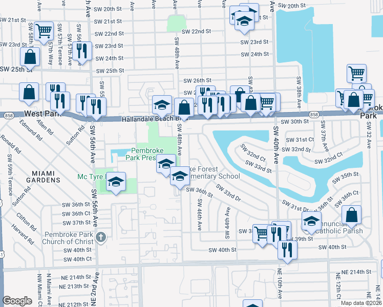 map of restaurants, bars, coffee shops, grocery stores, and more near 3221 Southwest 47th Avenue in West Park