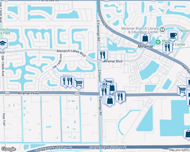 map of restaurants, bars, coffee shops, grocery stores, and more near 2887 Southwest 125th Avenue in Miramar