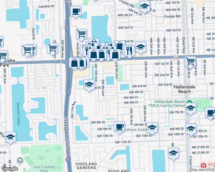 map of restaurants, bars, coffee shops, grocery stores, and more near 843 Southwest 3rd Street in Hallandale Beach