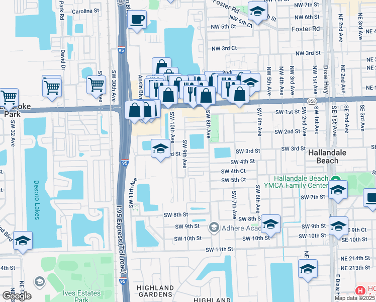 map of restaurants, bars, coffee shops, grocery stores, and more near 843 Southwest 3rd Street in Hallandale Beach