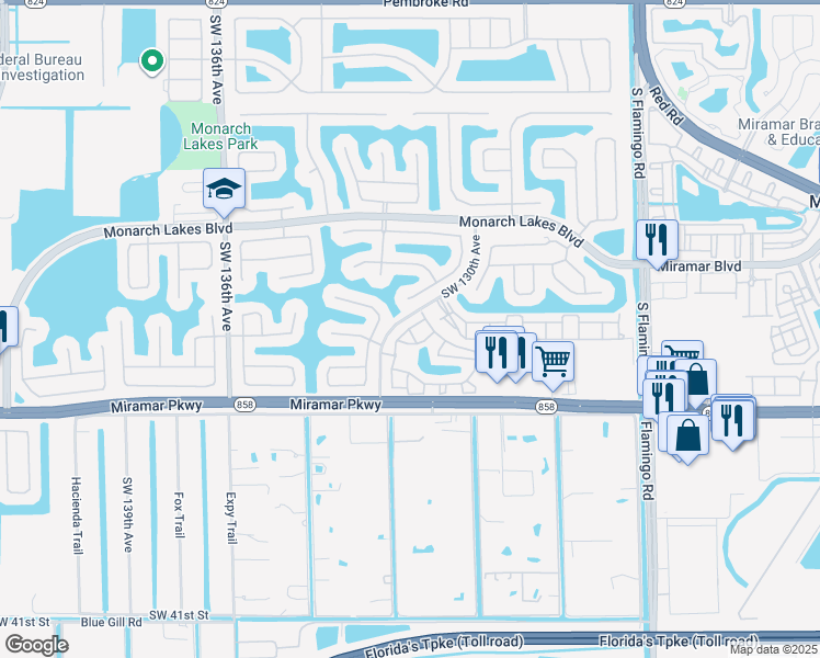 map of restaurants, bars, coffee shops, grocery stores, and more near 12990 Southwest 30th Court in Miramar