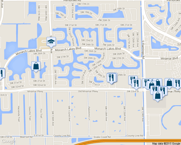 map of restaurants, bars, coffee shops, grocery stores, and more near 12990 Southwest 30th Court in Miramar