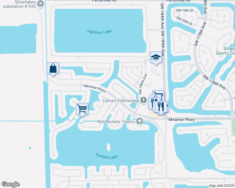 map of restaurants, bars, coffee shops, grocery stores, and more near 18864 Southwest 29th Court in Miramar