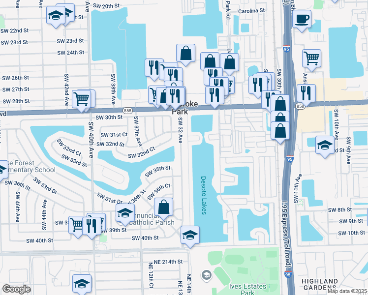 map of restaurants, bars, coffee shops, grocery stores, and more near 3311 Southwest 32 Avenue in West Park